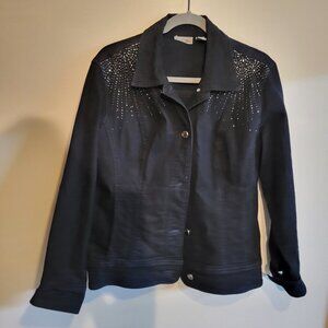 Chico’s Platinum Rhinestone Embellished Denim Jacket. Size 2